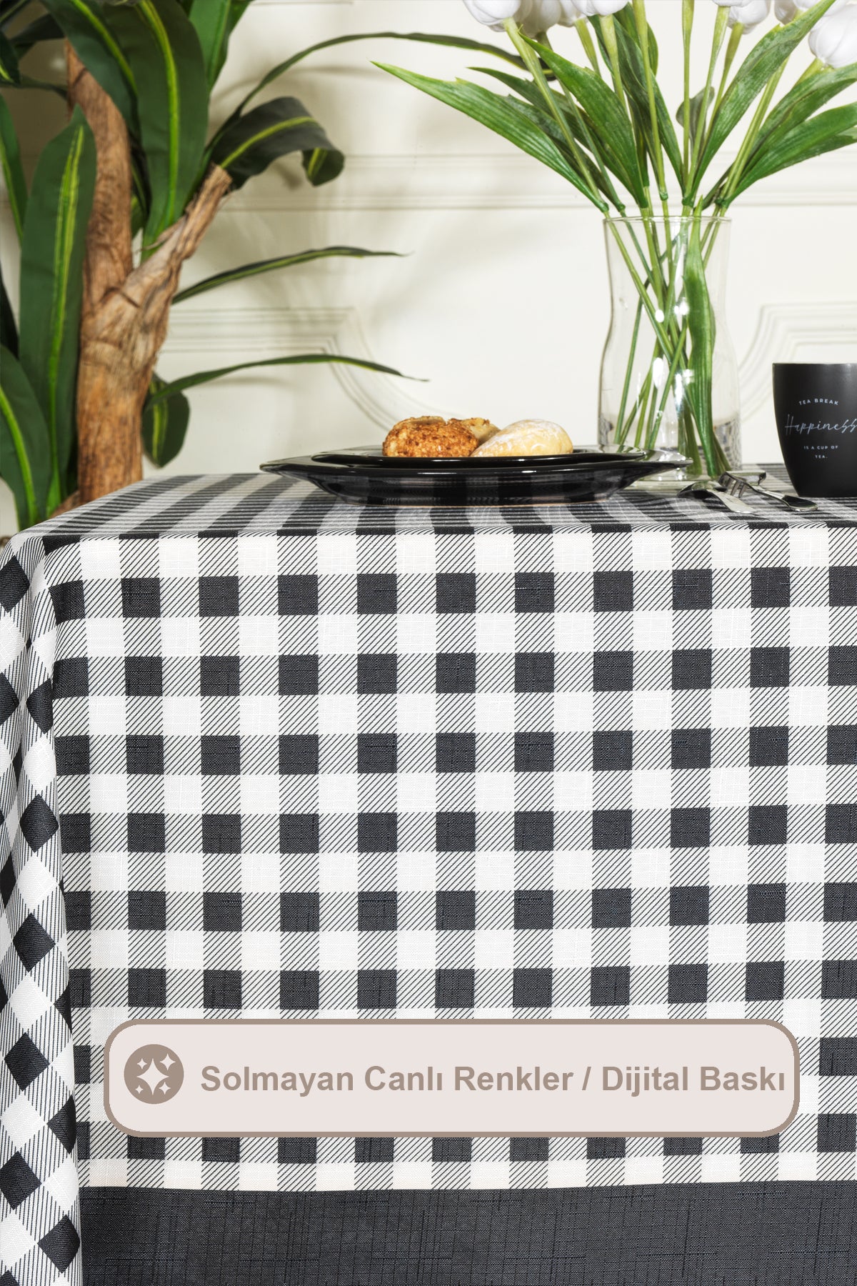 ELART Ekose Masa Örtüsü Digital Baskılı (160x220 cm) Siyah