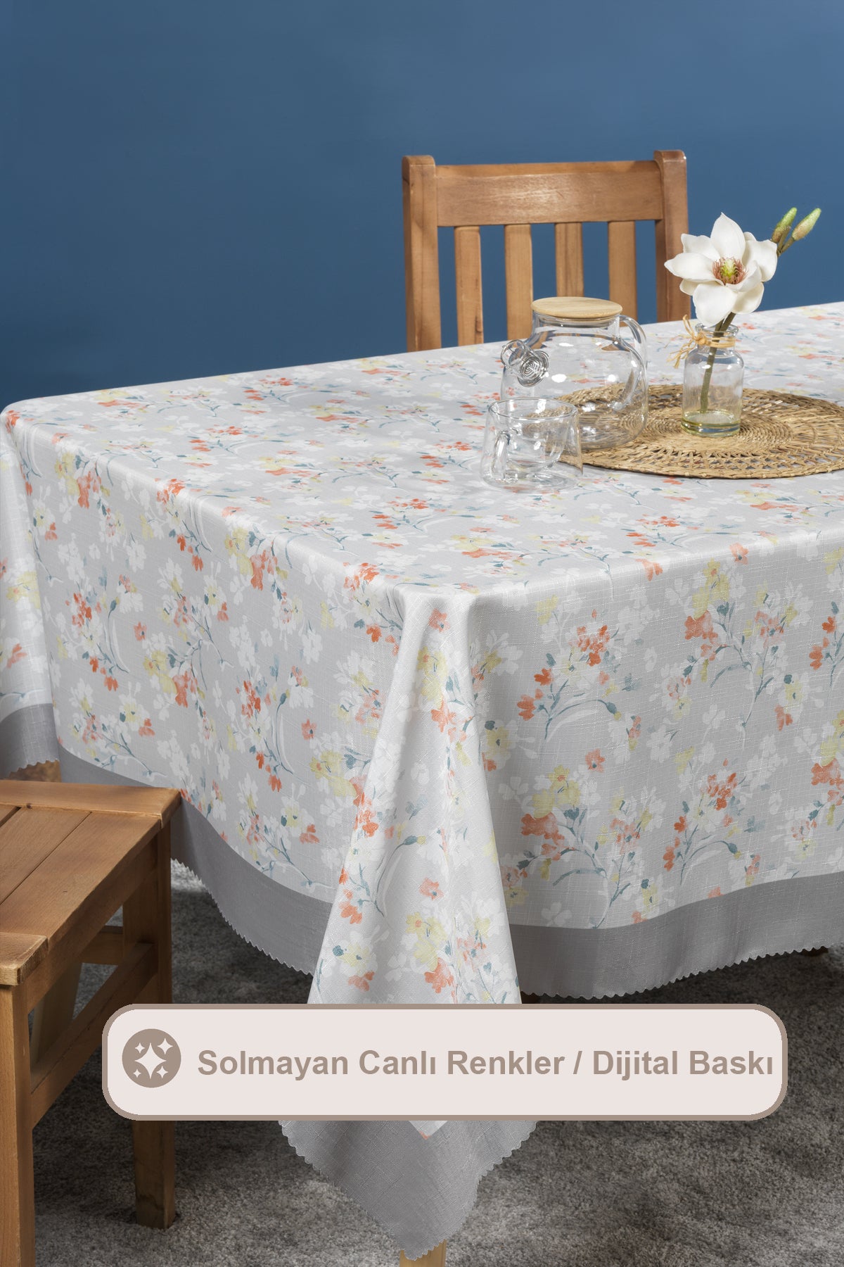 ELART Floret Masa Örtüsü Digital Baskılı (160x220 cm) Ekru