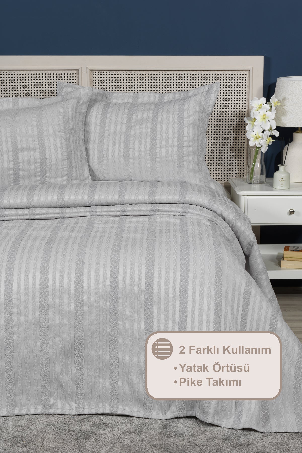 ELART Pera Yatak Örtüsü Seti Çift Kişilik (240x250 cm) Gri