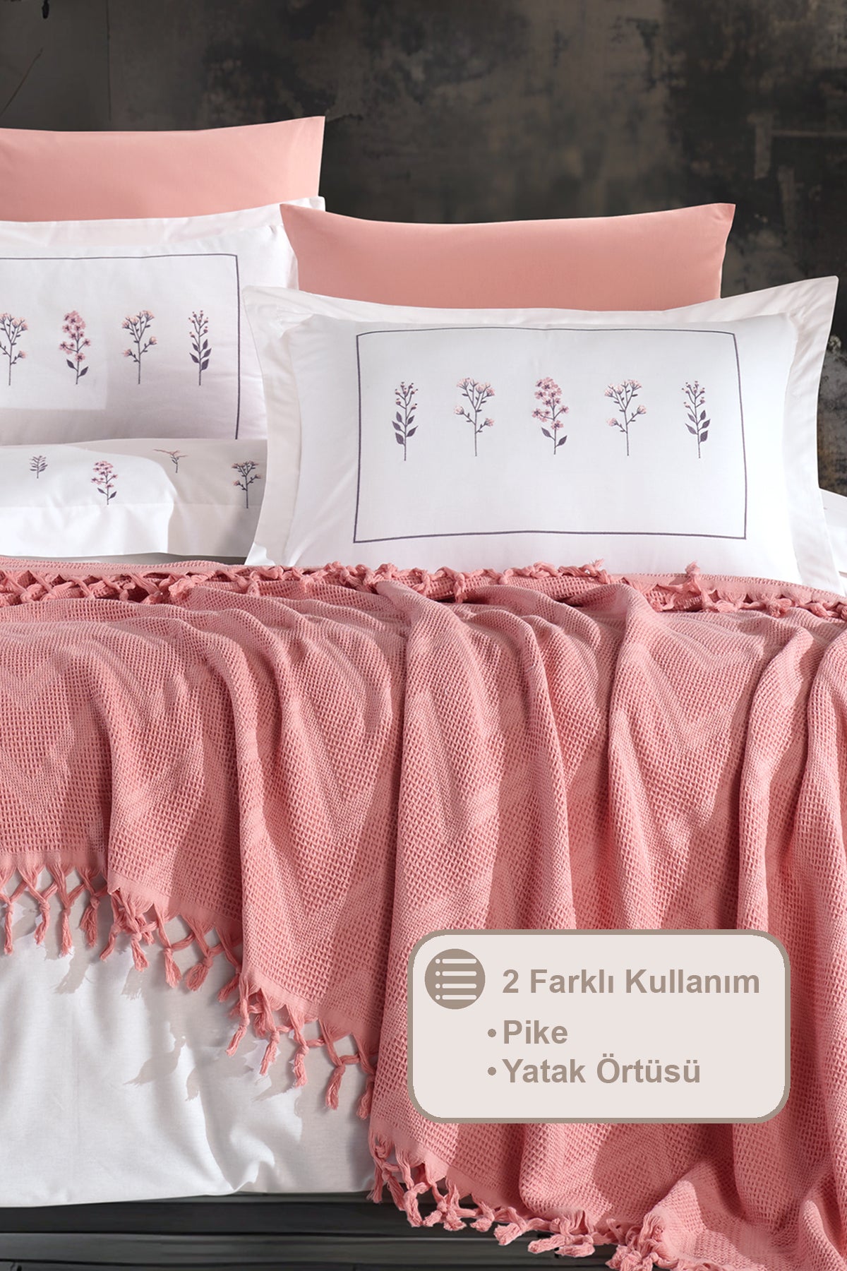 ELART Daisy Pike Yatak Örtüsü %100 Pamuk Püsküllü (220x240 cm) Gülkurusu