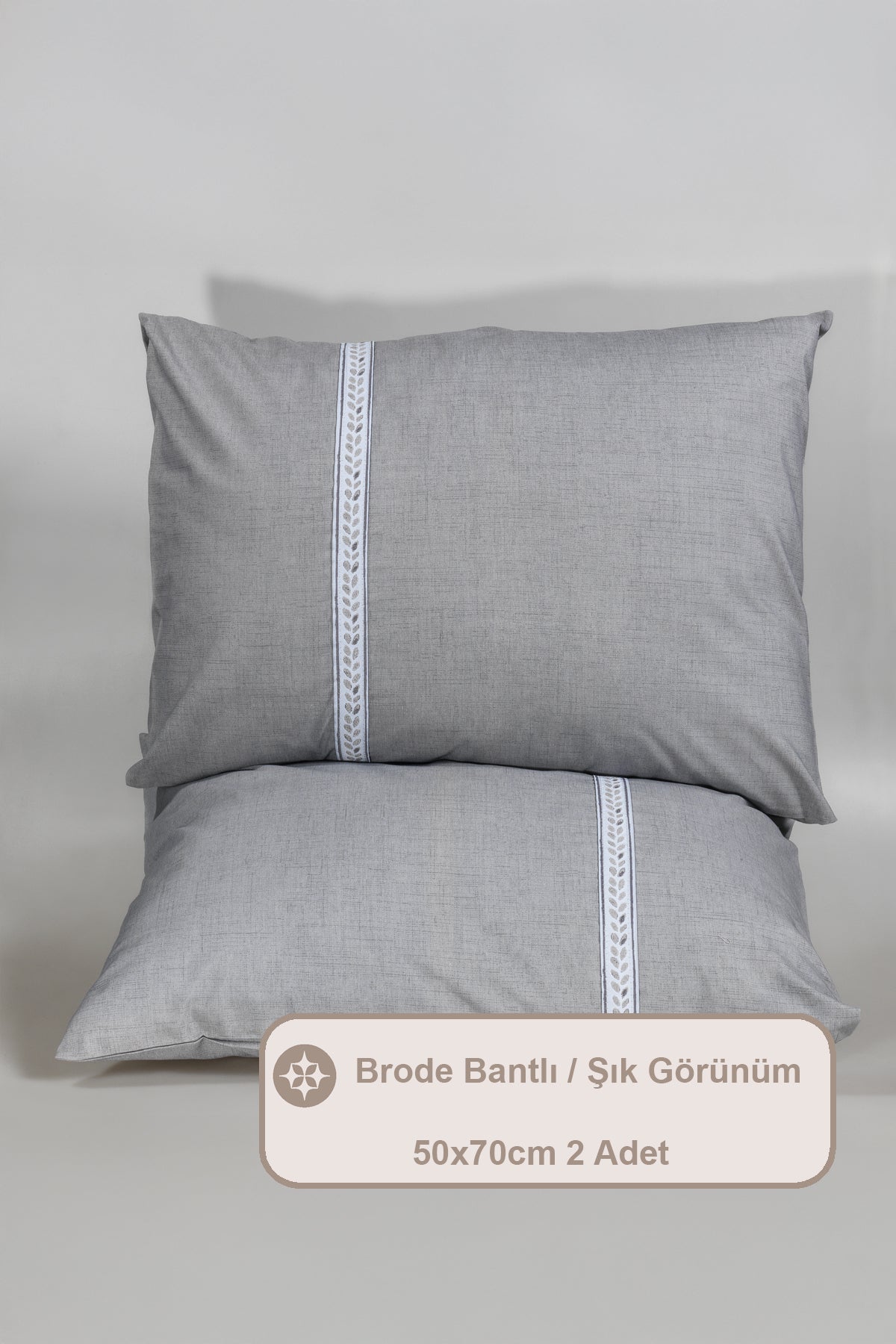 ELART Nish Yastık Kılıfı Brodeli 2 Adet (50x70 cm) Gri