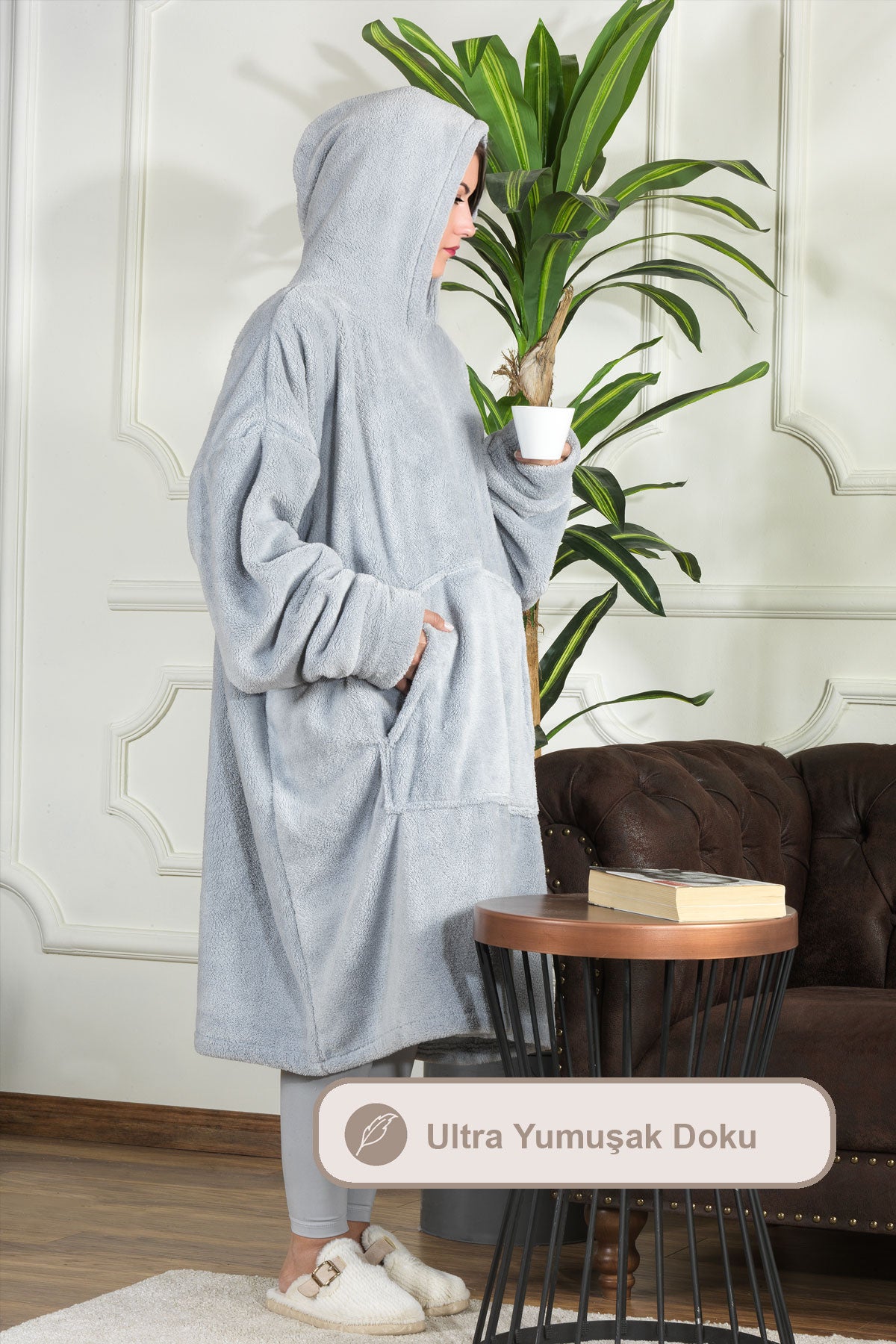 ELART Enjoy TV Battaniyesi Wellsoft Kapüşonlu Giyilebilir Unisex Over Size (80x110 cm) Gri