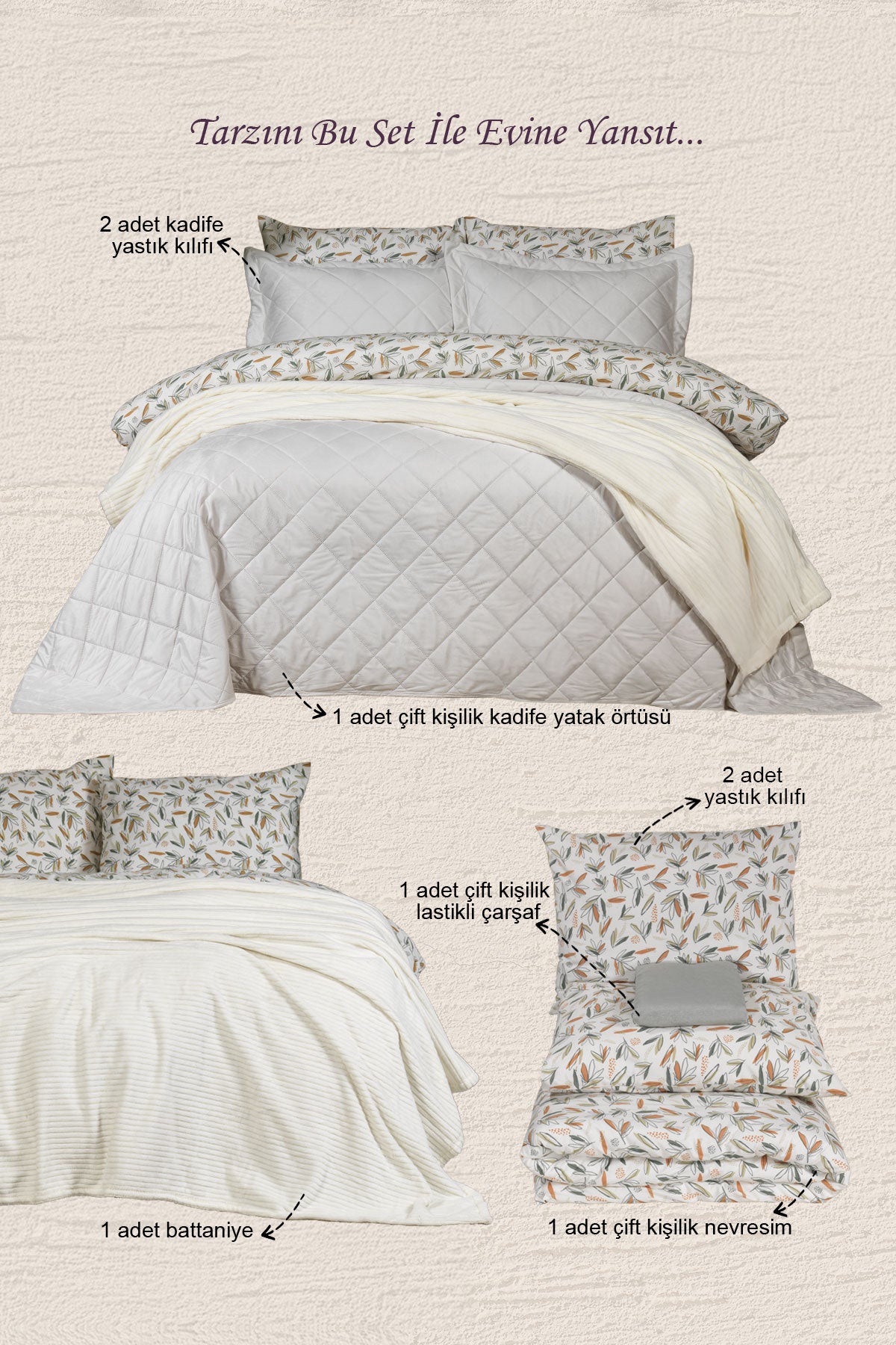ELART Alice Kombin Set Yatak Örtüsü Nevresim Takımı Battaniye Çeyiz Seti (240x260 cm) Krem