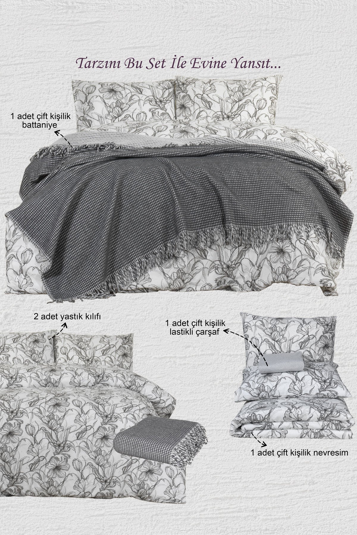 ELART Line Art Kombin Set Çift Kişilik Çeyiz Seti 5 Parça