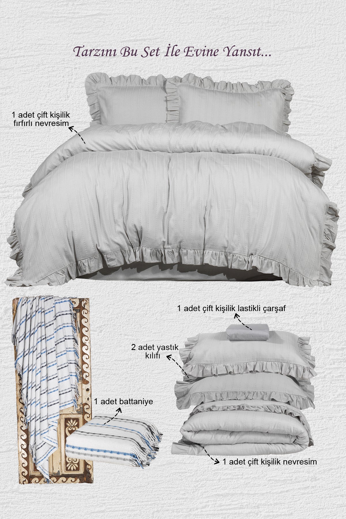 Arden Romantik Kombin Set Çift Kişilik Çeyiz Seti 5 Parça Gri