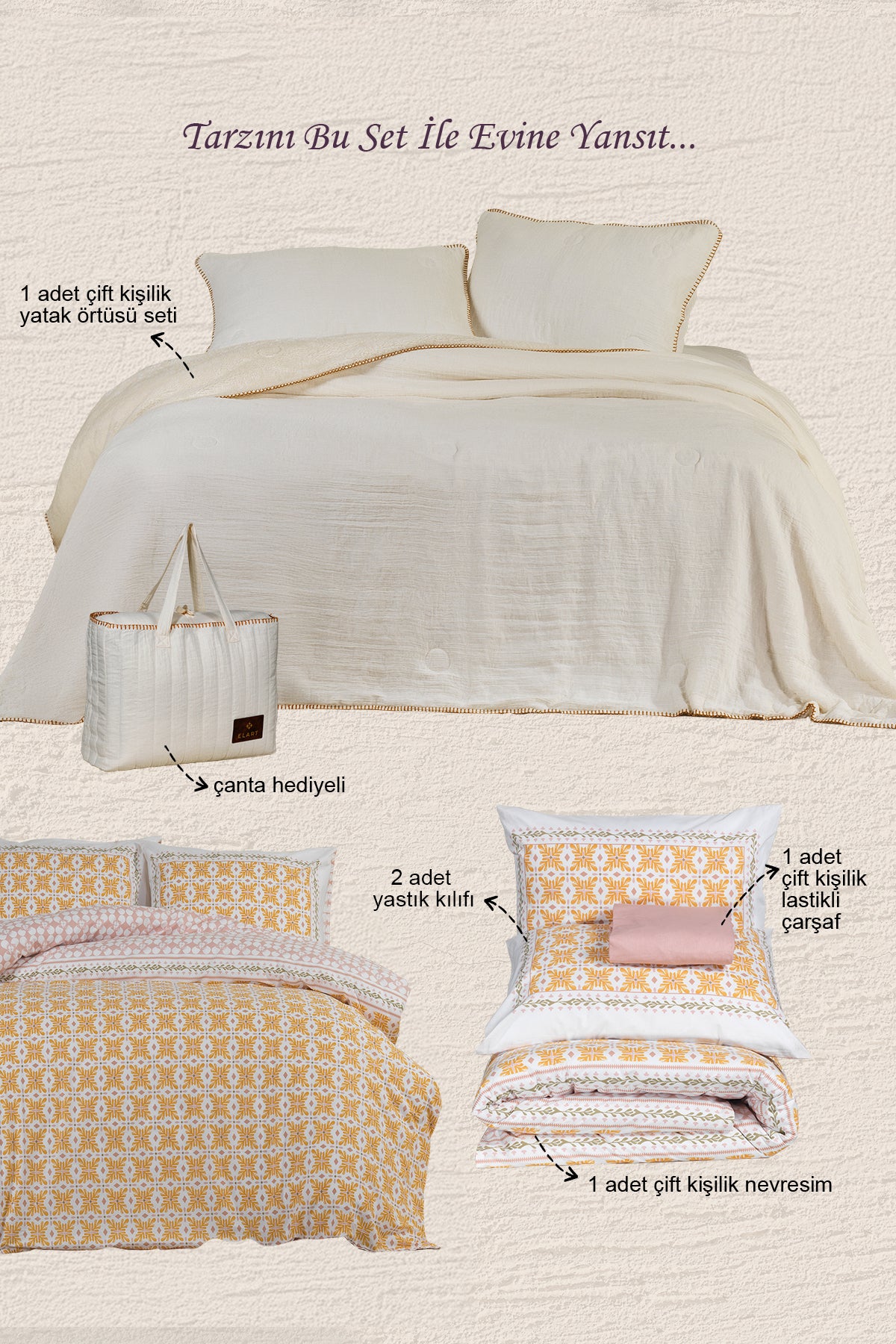 Palermo Amanda Kombin Set Çift Kişilik Çeyiz Seti 7 Parça Sarı