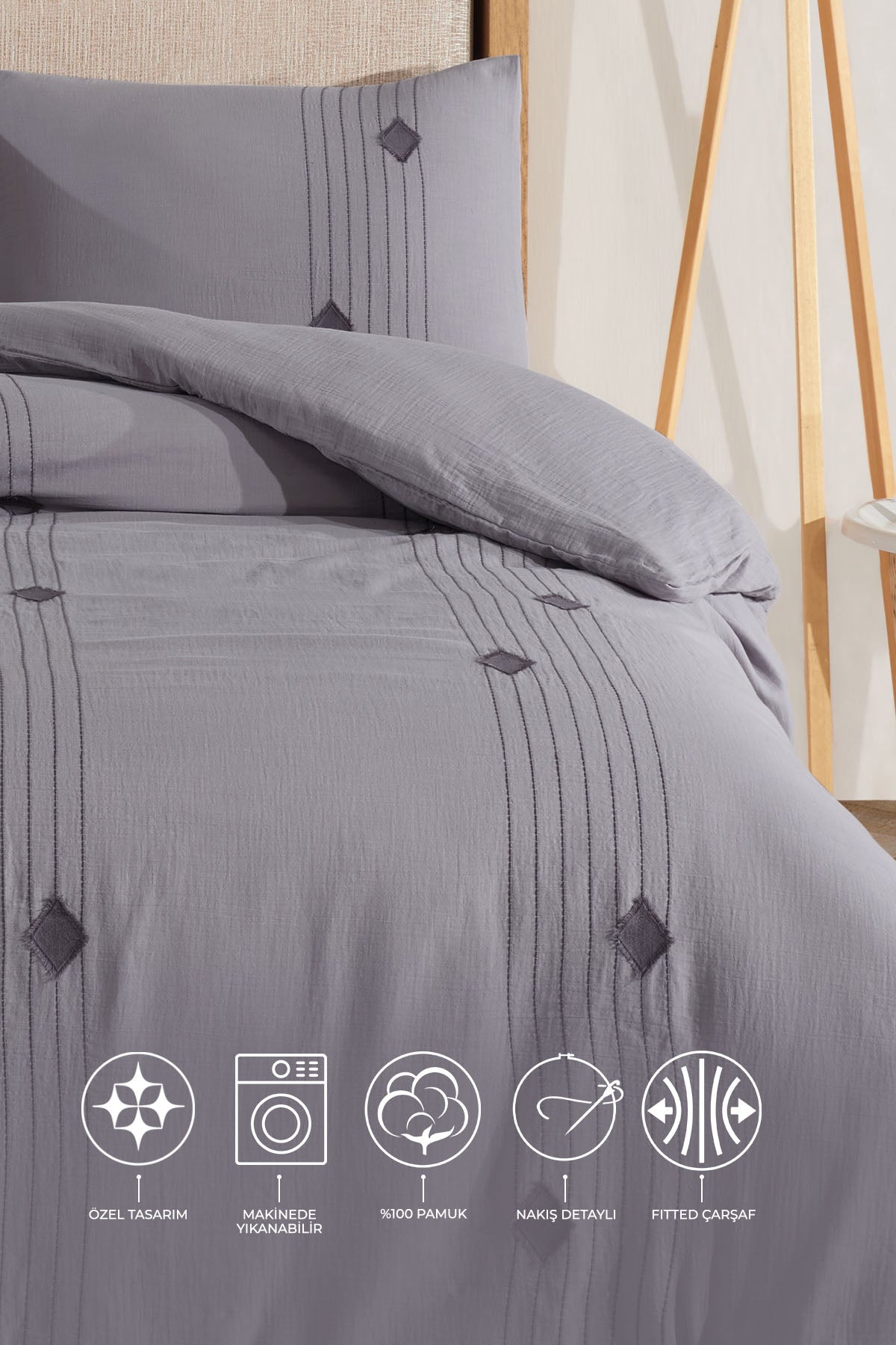 ELART Alva Nevresim Takımı Çift Kişilik 4 Parça Gri