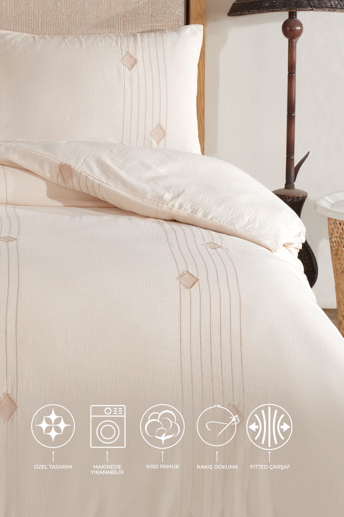 ELART Alva Nevresim Takımı Çift Kişilik 4 Parça Krem