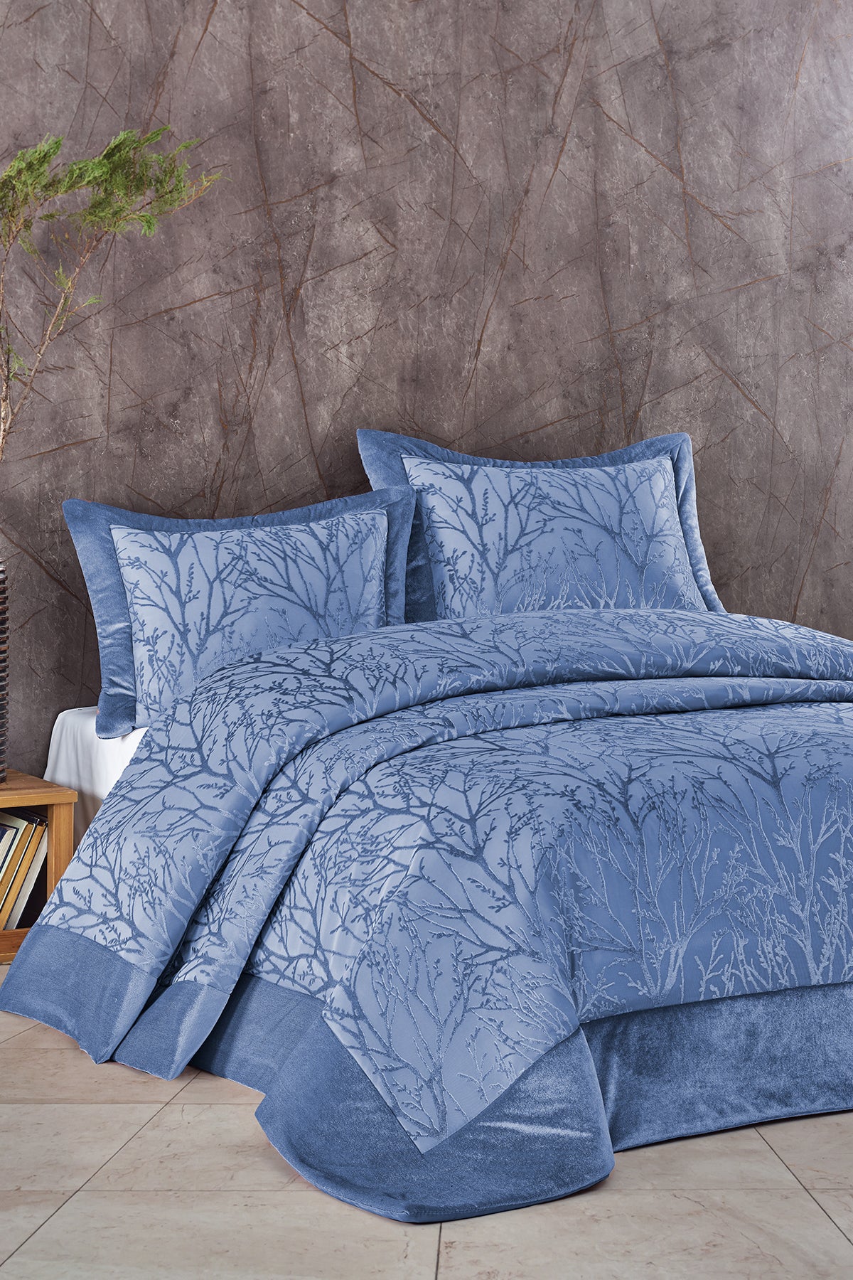 ELART Bahar Yatak Örtüsü Takımı Çift Kişilik Elyaf Dolgulu Pano Kadife Mavi