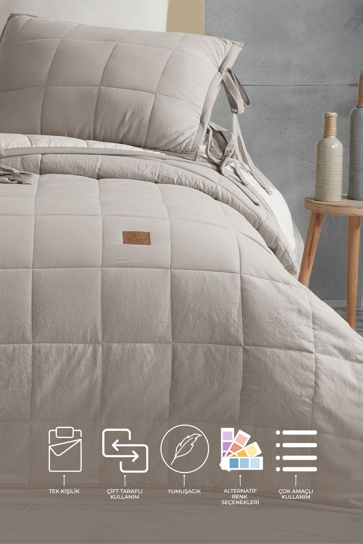 ELART Madelyn Yatak Örtüsü Tek Kişilik 2 Parça Ekru