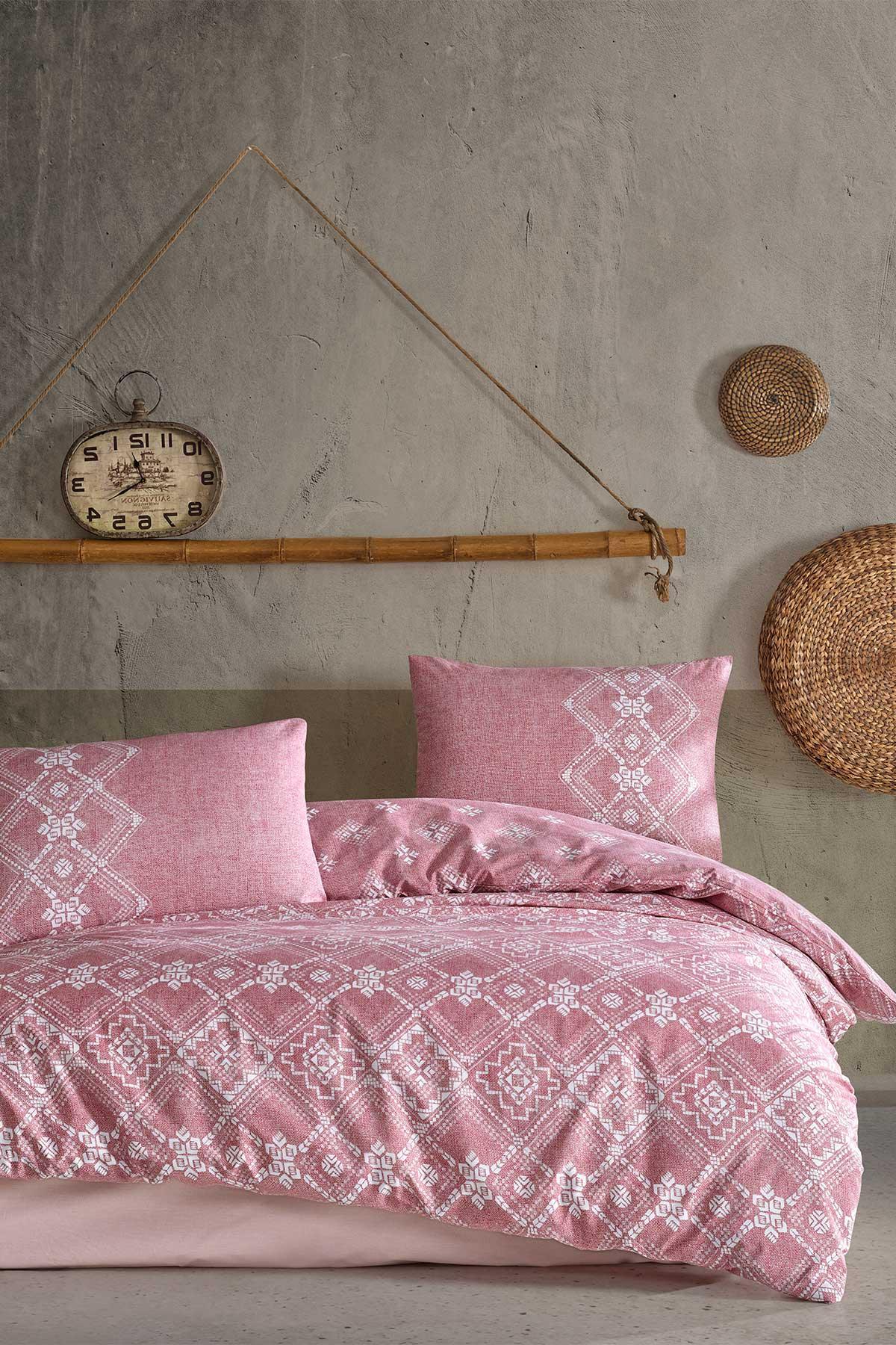 Bliss Fitted Nevresim Takımı Çift Kişilik %100 Doğal Pamuk Ranforce 4 Parça Pudra - Elart Home