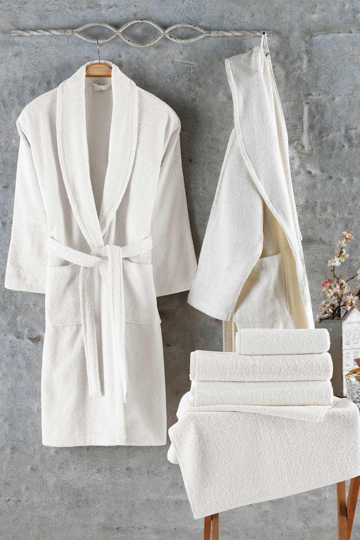 Bornoz Aile Seti % 100 Pamuk 6 Parça Naturel Krem - Elart Home