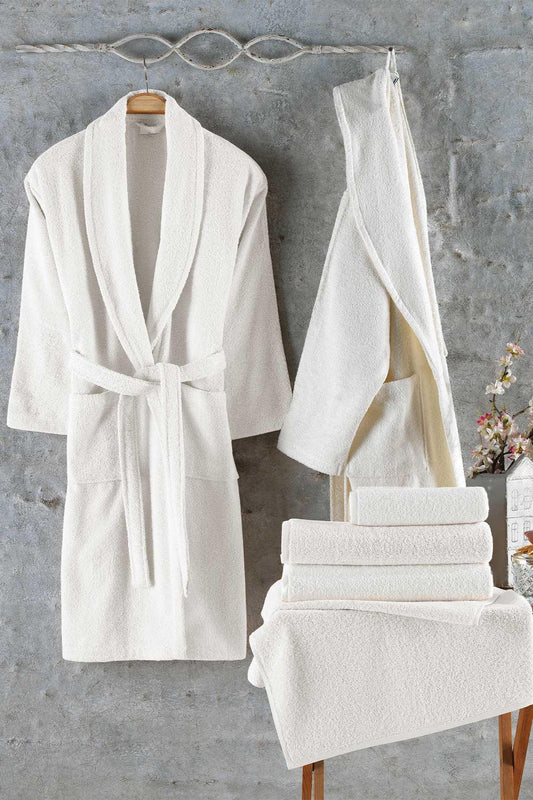 Bornoz Aile Seti % 100 Pamuk 6 Parça Naturel Krem - Elart Home