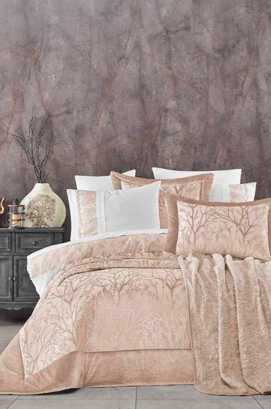 Çeyiz Paketi 10 Parça (yatak örtüsü+nevresim takımı+battaniye) Bahar Cappuccino - Elart Home