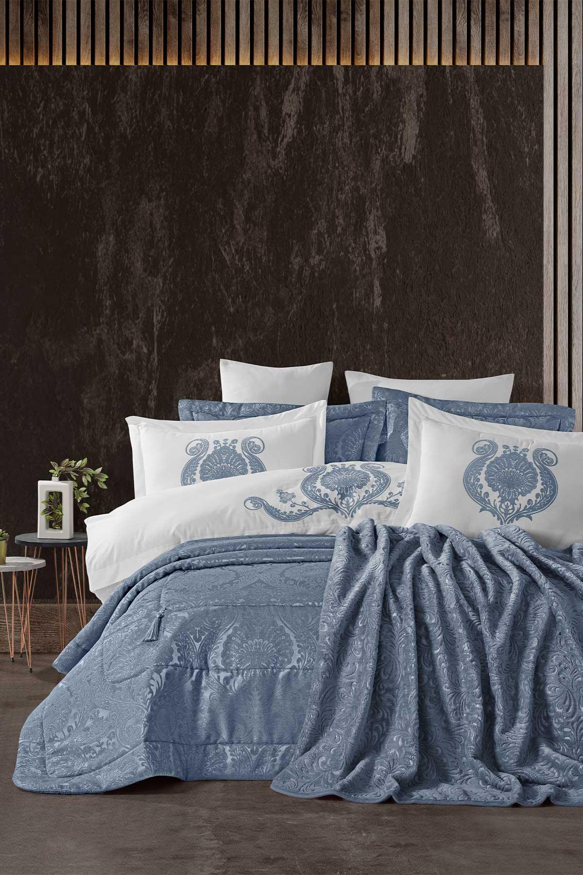 Çeyiz Paketi 10 Parça (yatak örtüsü+nevresim takımı+battaniye) Enora Mavi - Elart Home