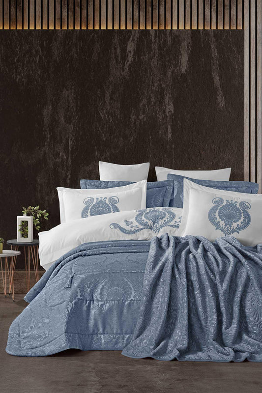 Çeyiz Paketi 10 Parça (yatak örtüsü+nevresim takımı+battaniye) Enora Mavi - Elart Home