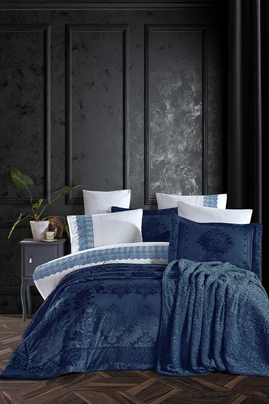 Çeyiz Paketi 10 Parça (yatak örtüsü+nevresim takımı+battaniye) Gloria Lacivert - Elart Home