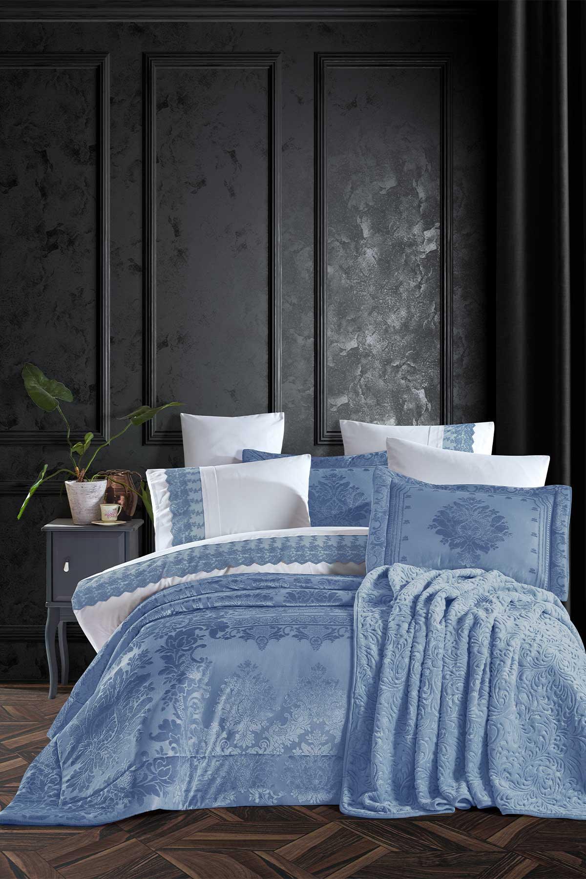 Çeyiz Paketi 10 Parça (yatak örtüsü+nevresim takımı+battaniye) Gloria Mavi - Elart Home