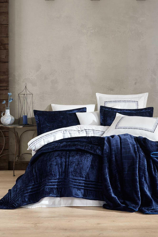 Çeyiz Paketi 10 Parça (yatak örtüsü+nevresim takımı+battaniye) Isabelle Lacivert - Elart Home