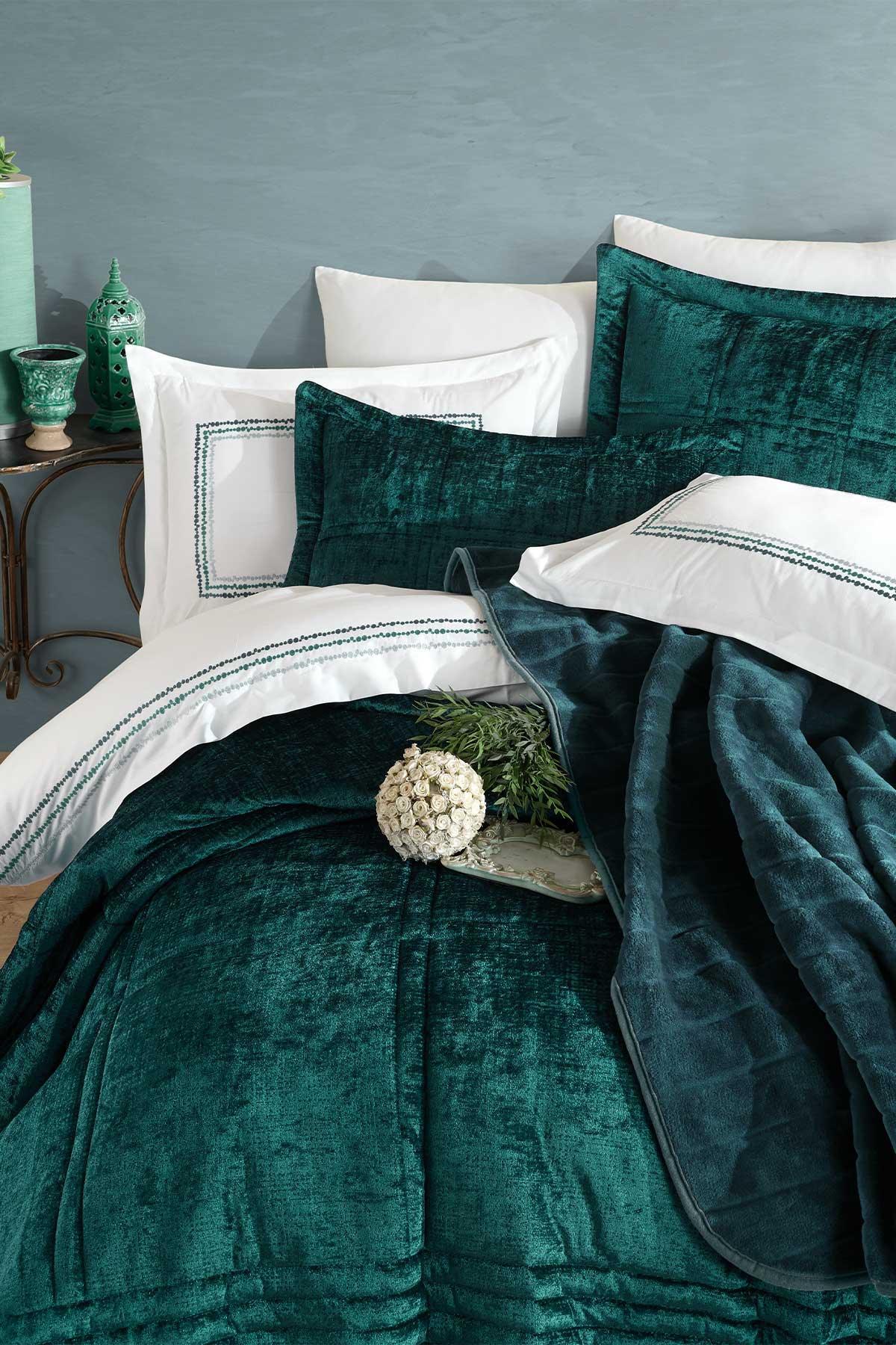 Çeyiz Paketi 10 Parça (yatak örtüsü+nevresim takımı+battaniye) Isabelle Zümrüt Yeşili - Elart Home