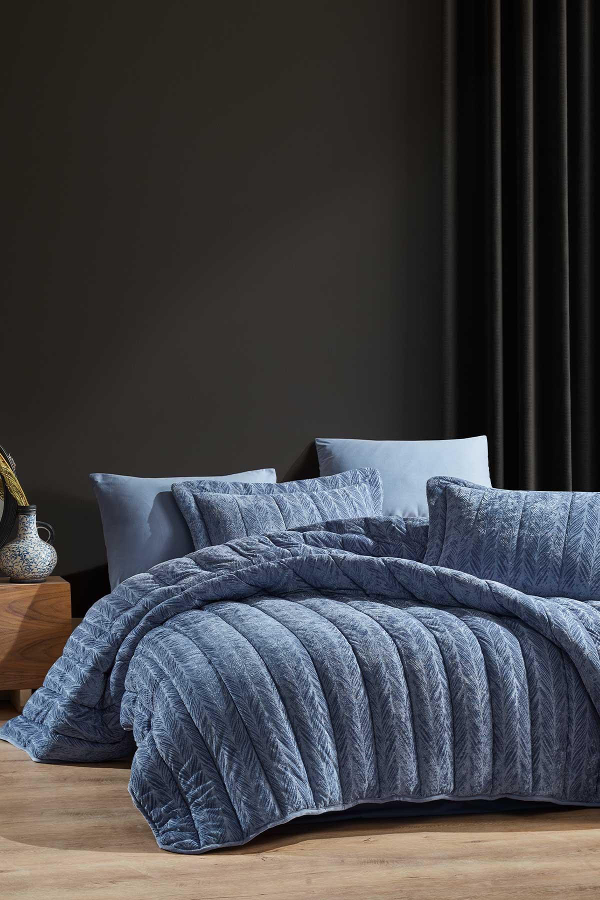 Comfort yeni nesil uykuseti - 3 parça Velvet Mavi (230x220cm) - Elart Home