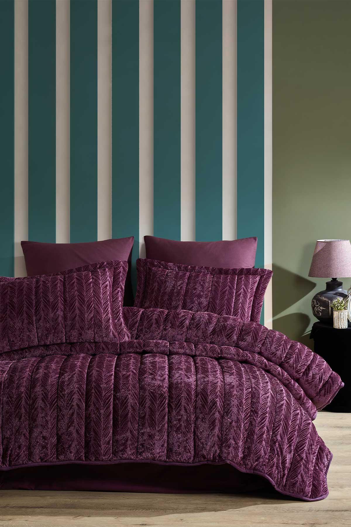 Comfort yeni nesil uykuseti - 3 Parça Velvet Mürdüm (230x220cm) - Elart Home