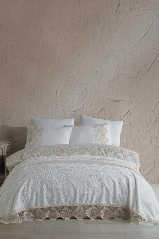 Dantelli Çift Kişilik 7 Parça Nevresimli Embos Battaniye Seti Bride Krem - Elart Home