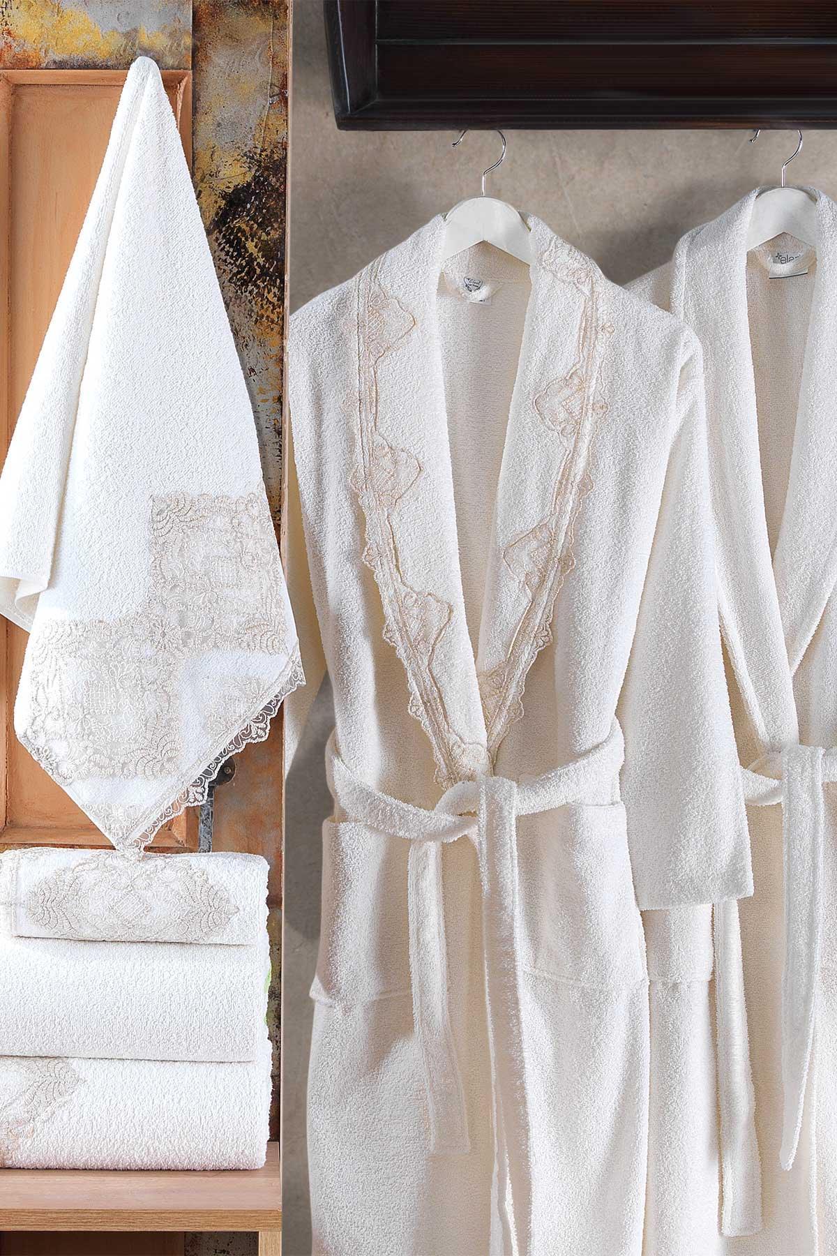 Dantelli %100 Doğal Pamuk 6 Parça Bornoz Aile Seti Bride Krem - Elart Home
