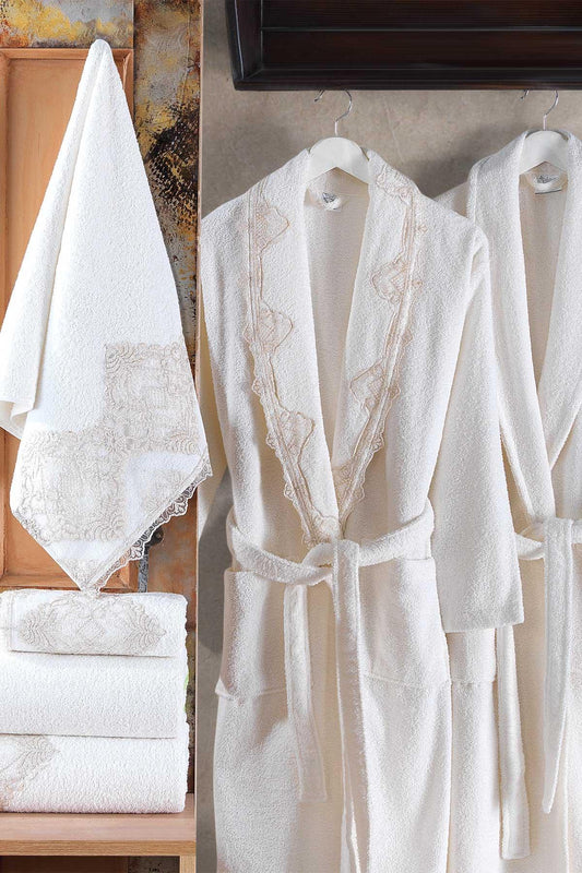 Dantelli %100 Doğal Pamuk 6 Parça Bornoz Aile Seti Bride Krem - Elart Home