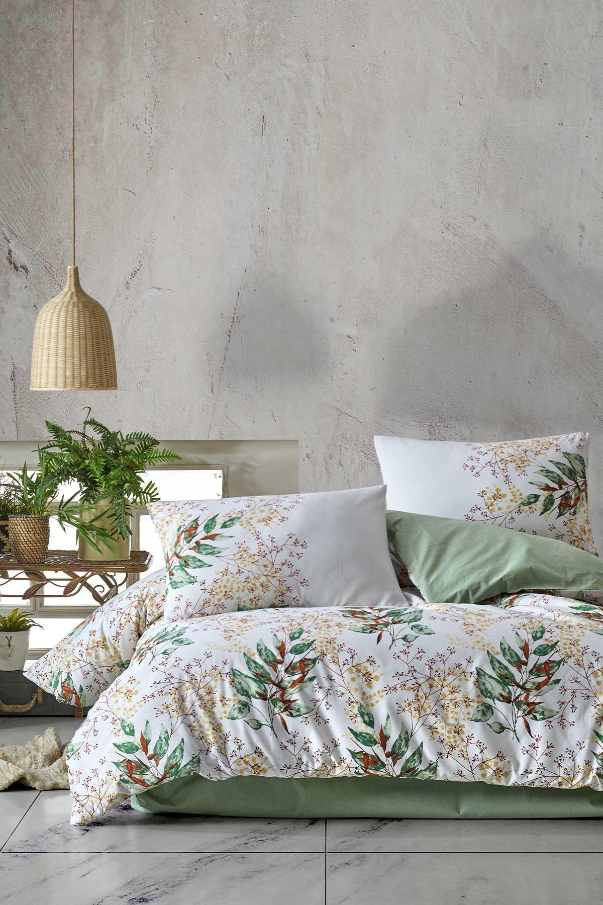Fern Fitted Nevresim Takımı Çift Kişilik %100 Doğal Pamuk Ranforce 4 Parça Yeşil - Elart Home