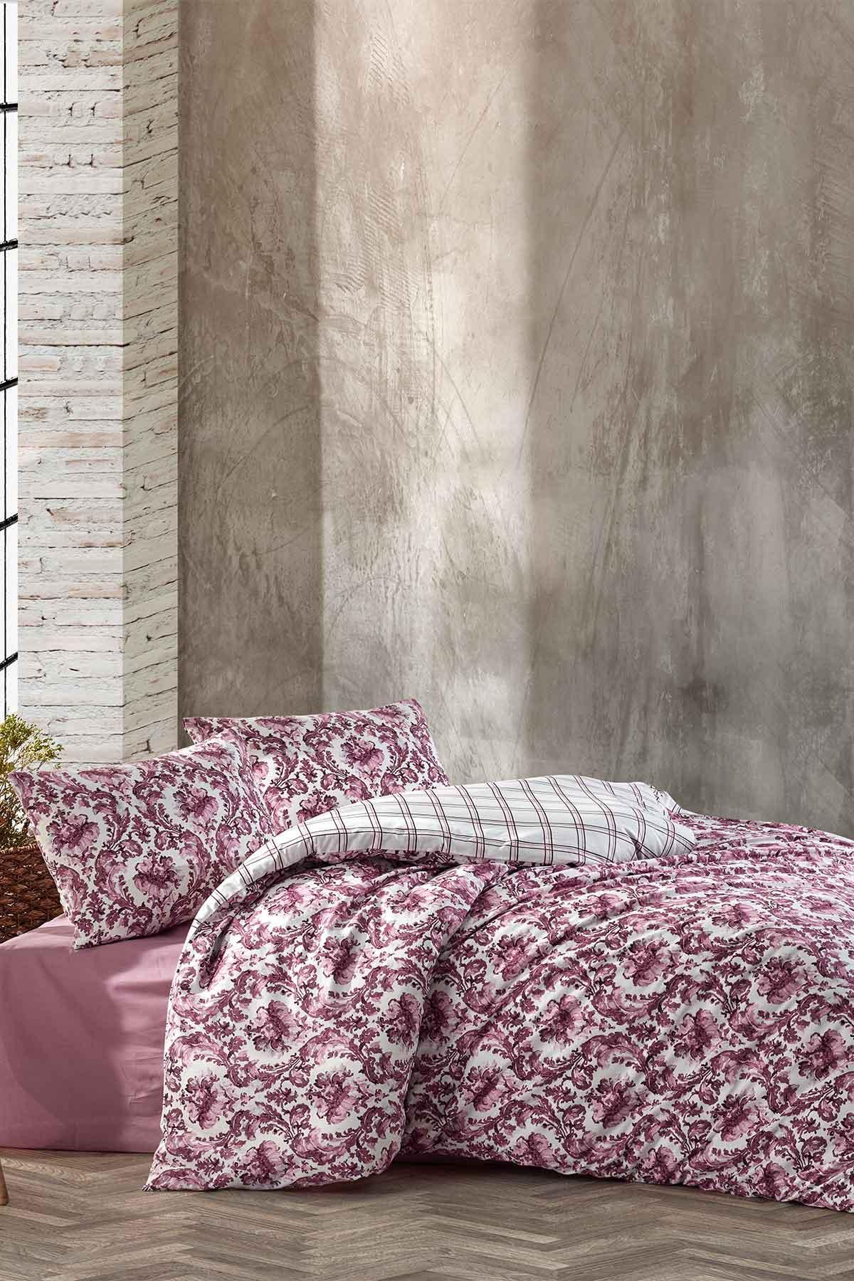 Kristal Zarafet Nevresim Takımı Çift Kişilik %100 Doğal Pamuk Ranforce 4 Parça Mürdüm - Elart Home