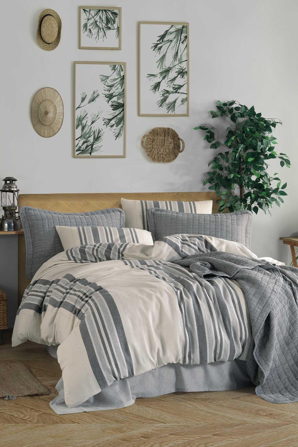 Marilla Pamuk Nevresimli Set Tek Kişilik %100 Pamuk 5 Parça Gri - Elart Home