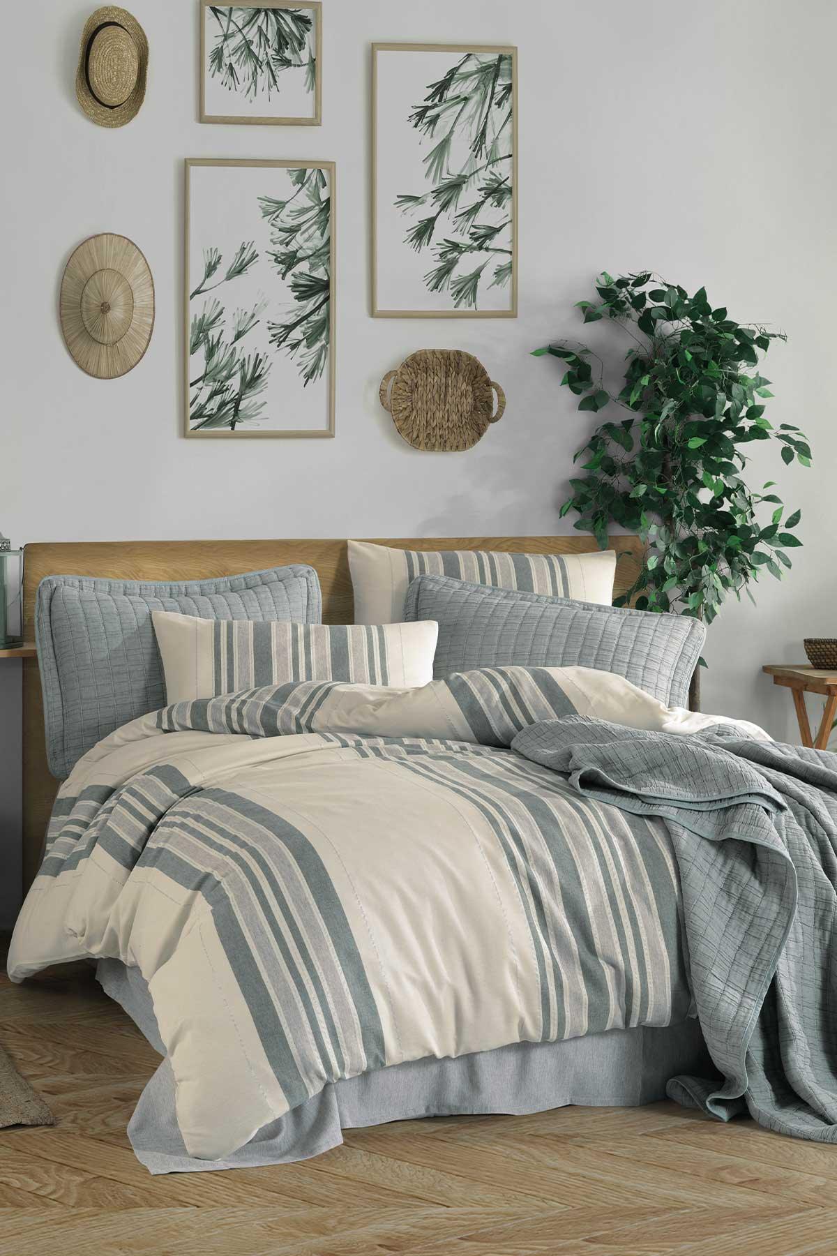 Marilla Pamuk Nevresimli Set Tek Kişilik %100 Pamuk 5 Parça Yeşil - Elart Home