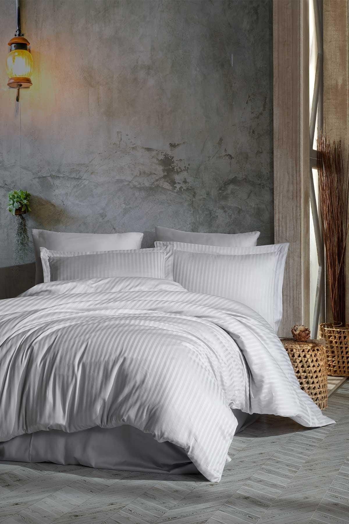 Nevresim takımı çift kişilik pamuk saten 6 parça Fenola gümüş - Elart Home