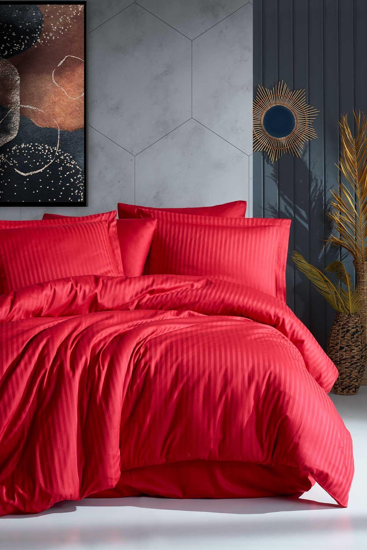 Nevresim takımı çift kişilik pamuk saten 6 parça Fenola kırmızı - Elart Home