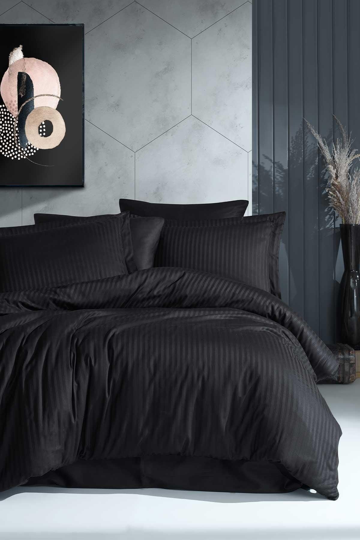 Nevresim takımı çift kişilik pamuk saten 6 parça line siyah - Elart Home