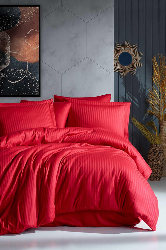 Nevresim Takımı Tek Kişilik Pamuk Viscon 4 Parça Fenola Kırmızı - Elart Home