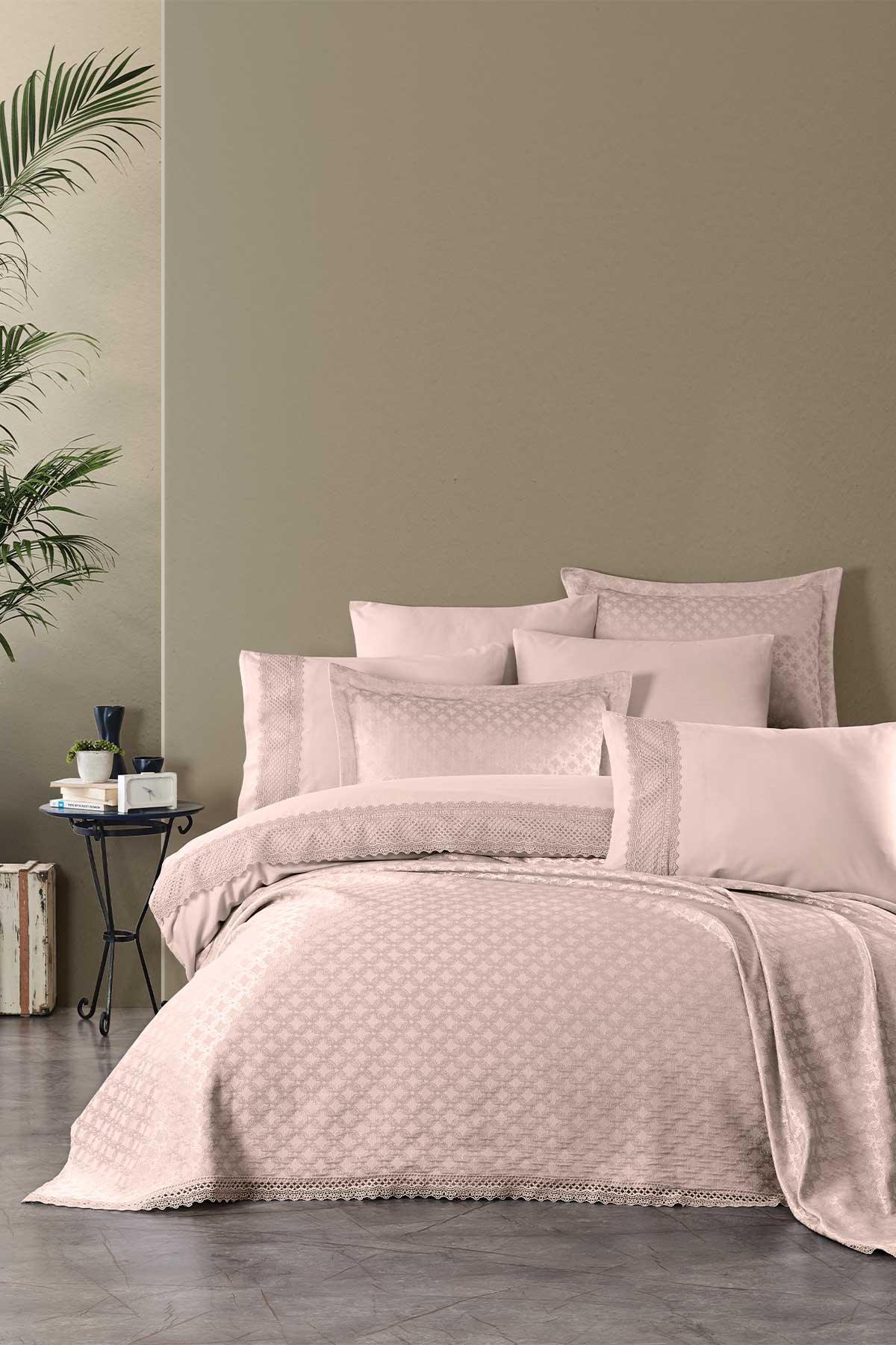 Pamuk Nevresimli Dantelli Yatak Örtüsü Seti 9 Parça Rebecca Ekru - Elart Home