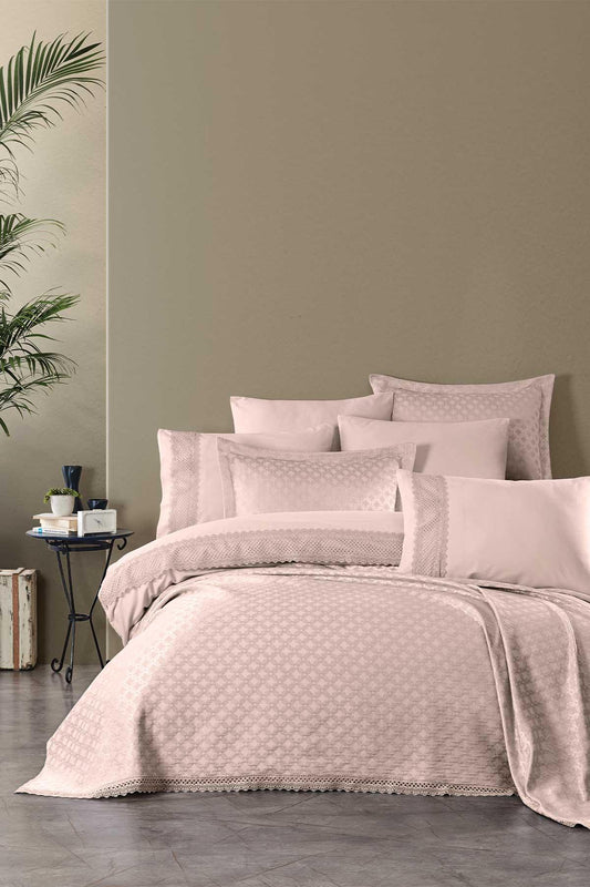 Pamuk Nevresimli Dantelli Yatak Örtüsü Seti 9 Parça Rebecca Ekru - Elart Home