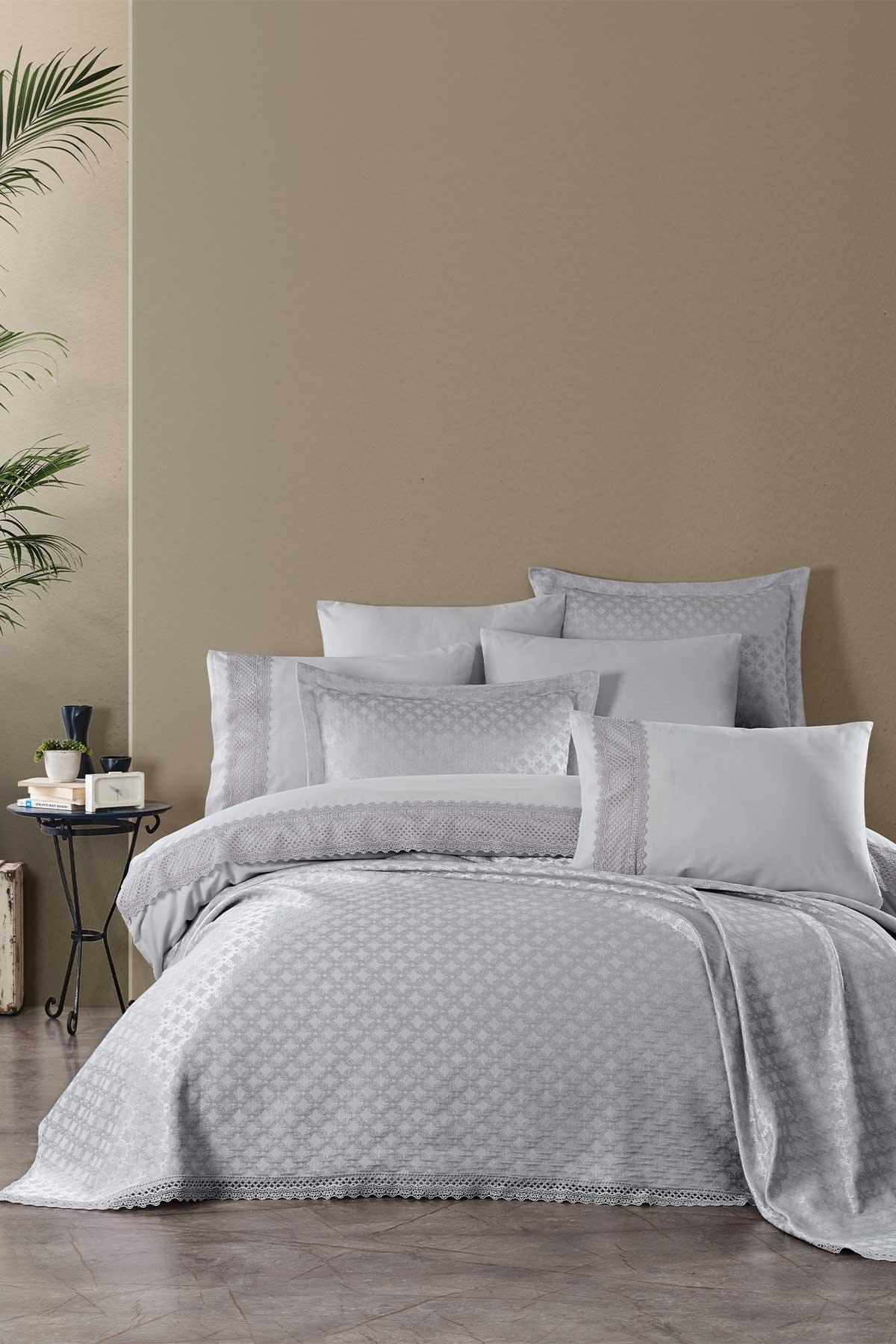 Pamuk Nevresimli Dantelli Yatak Örtüsü Seti 9 Parça Rebecca Gümüş - Elart Home