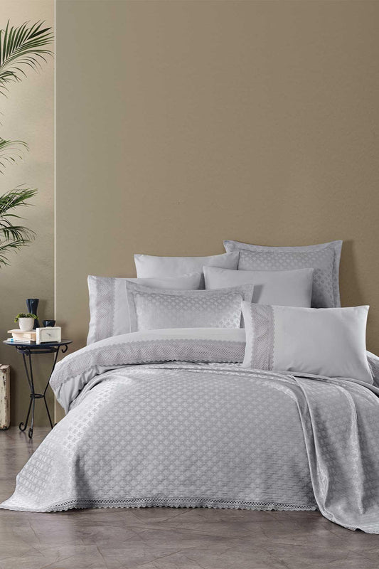 Pamuk Nevresimli Dantelli Yatak Örtüsü Seti 9 Parça Rebecca Gümüş - Elart Home