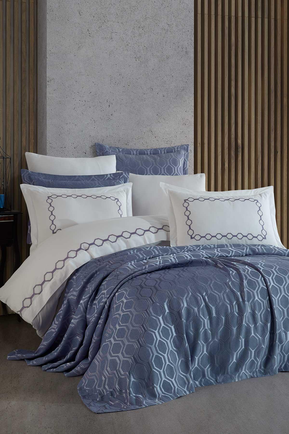 Pamuk Nevresimli Şönil Yatak Örtüsü Seti 9 Parça Andrea Mavi - Elart Home