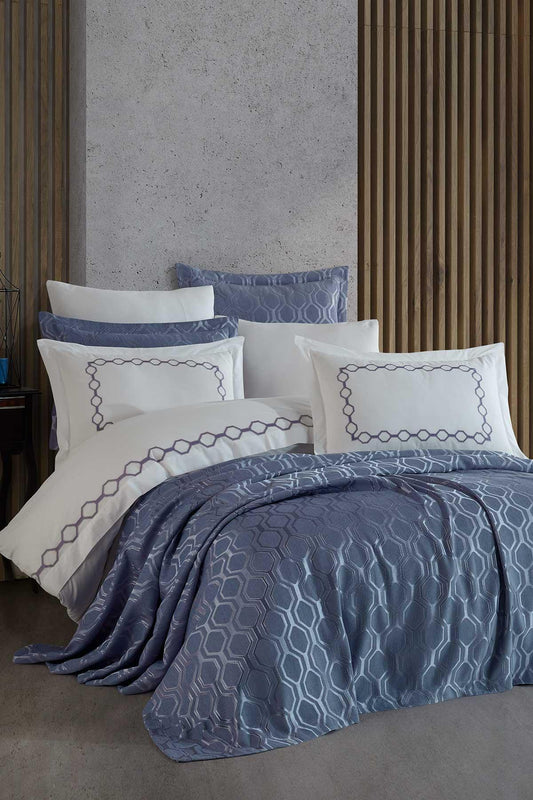 Pamuk Nevresimli Şönil Yatak Örtüsü Seti 9 Parça Andrea Mavi - Elart Home