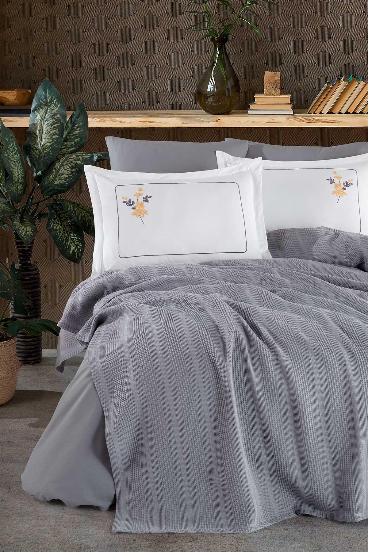 Pamuk Pike Seti Çift Kişilik 6 Parça Flores Gümüş - Elart Home