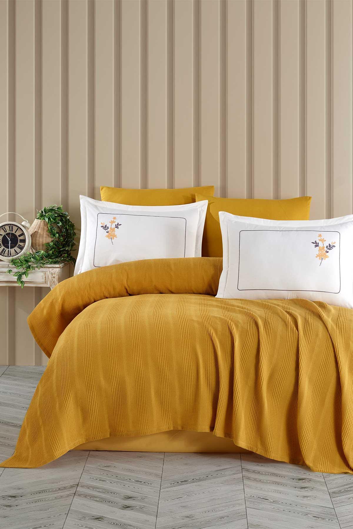 Pamuk Pike Seti Çift Kişilik 6 Parça Flores Sarı - Elart Home