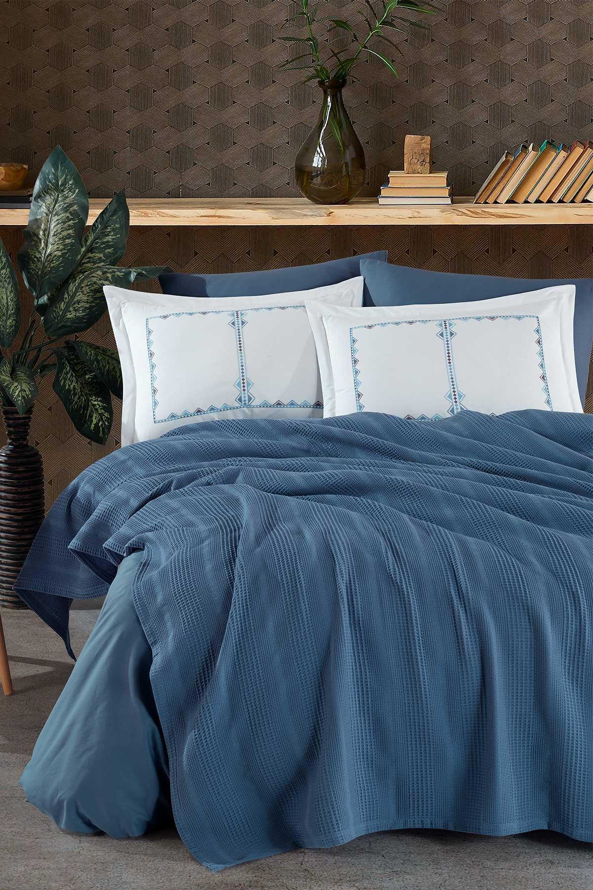 Molly Pamuklu Pike Çift Kişilik Mavi (210x230 cm) - Elart Home