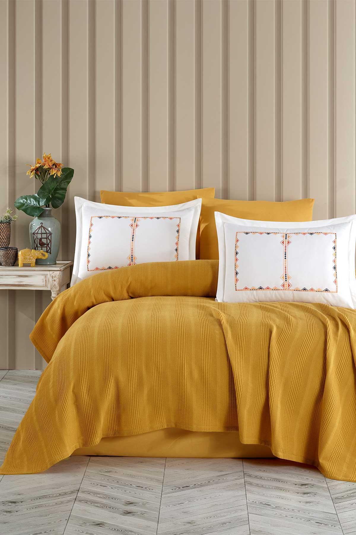 Pamuk Pike Seti Çift Kişilik 6 Parça Marcia Sarı - Elart Home