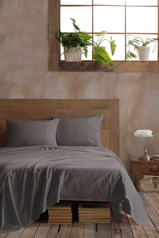 Ranforce Pamuk Çarşaf Seti Çift Kişilik %100 Doğal Pamuk 3 Parça Antrasit - Elart Home