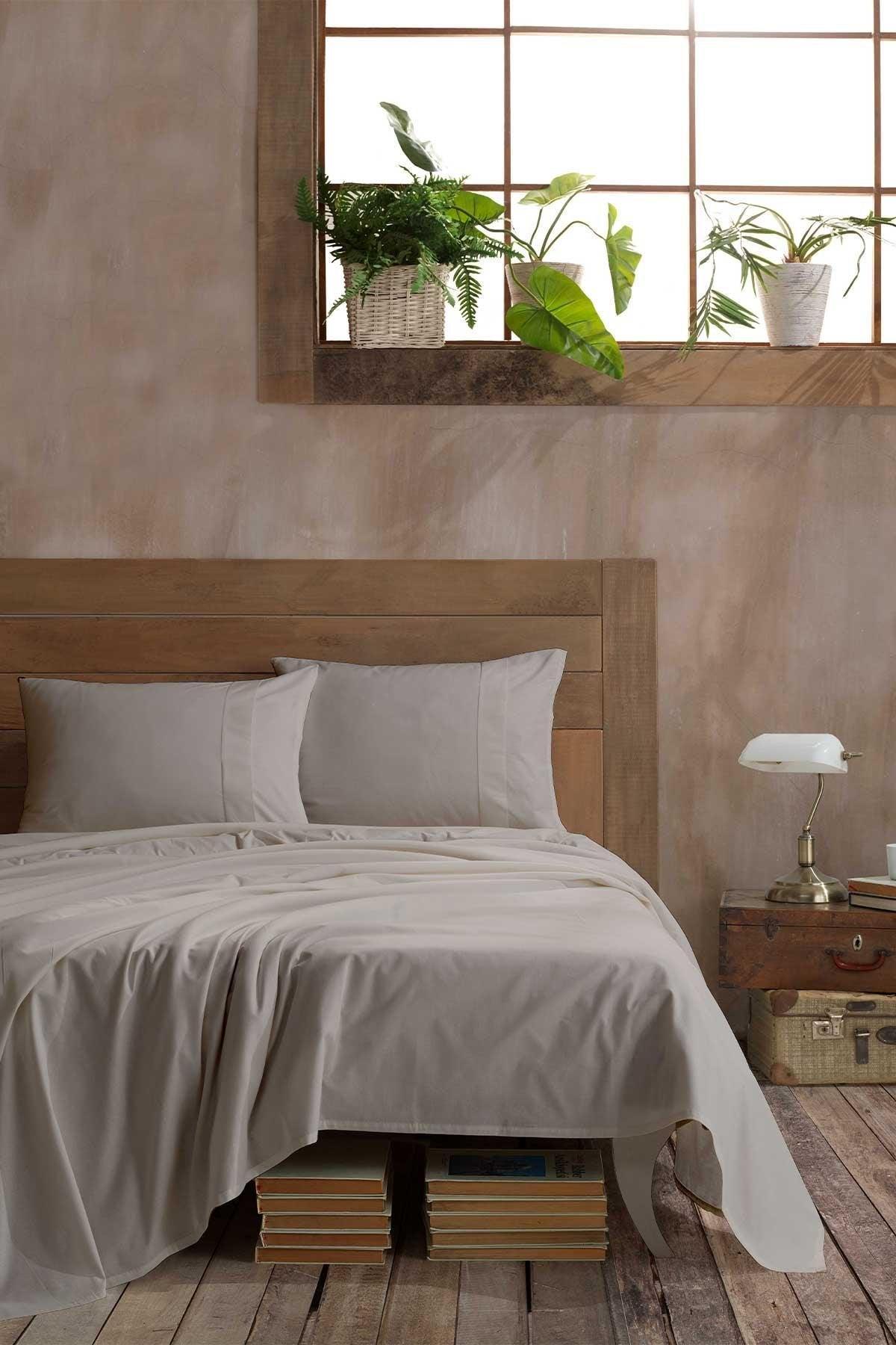 Ranforce Pamuk Çarşaf Seti Çift Kişilik %100 Doğal Pamuk 3 Parça Ekru - Elart Home