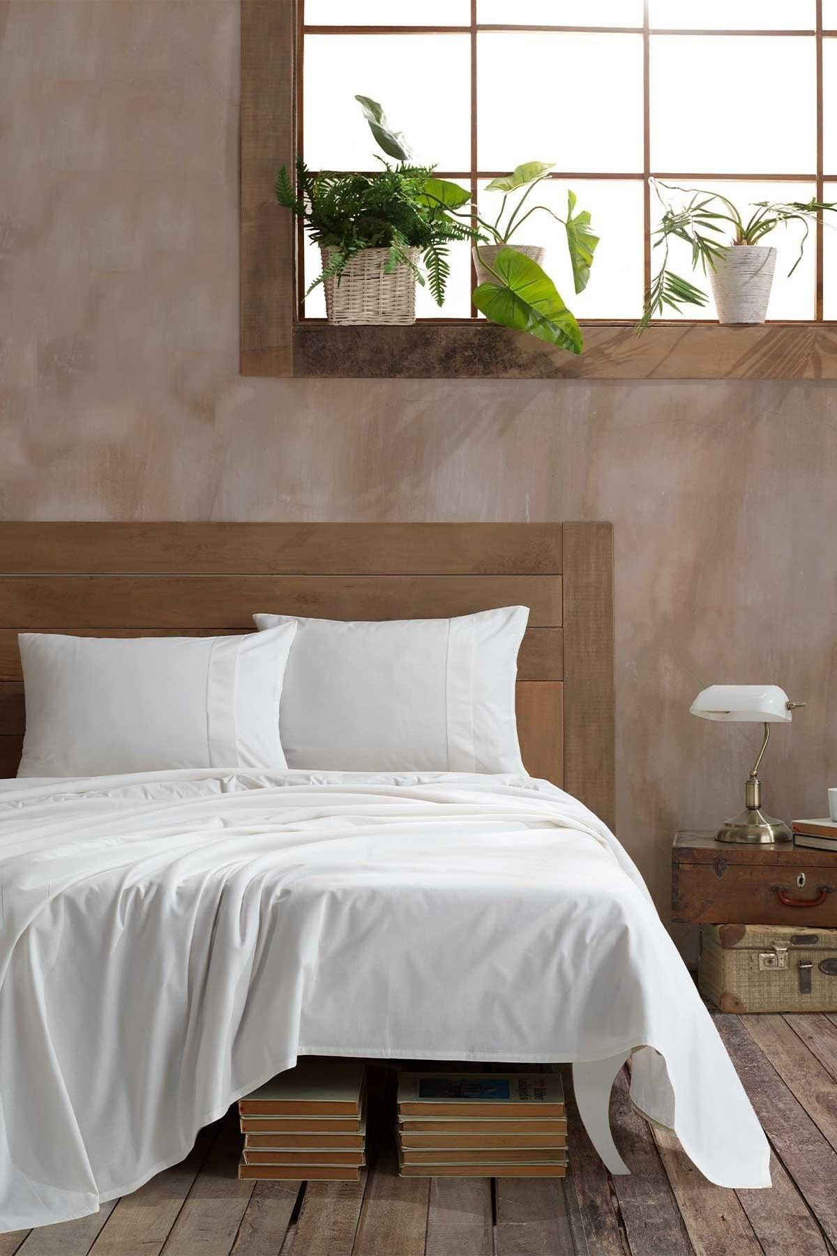 Ranforce Pamuk Çarşaf Seti Çift Kişilik %100 Doğal Pamuk 3 Parça Krem - Elart Home